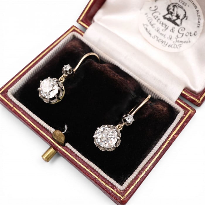 Antique Old-Cut Diamond Platinum and Gold Drop Earrings, 2.60ct, Circa 1910