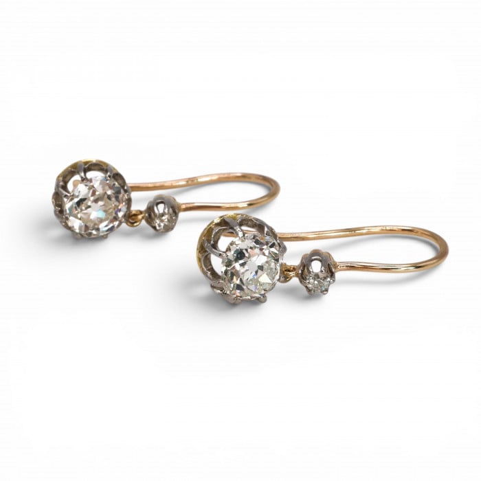 Antique Old-Cut Diamond Platinum and Gold Drop Earrings, 2.60ct, Circa 1910