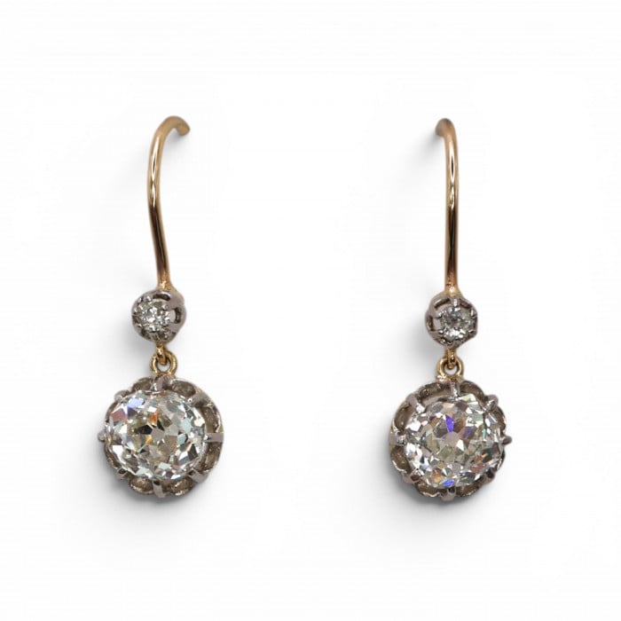 Antique Old-Cut Diamond Platinum and Gold Drop Earrings, 2.60ct, Circa 1910