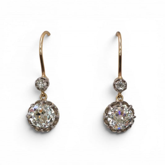 Antique Old-Cut Diamond Platinum and Gold Drop Earrings, 2.60ct, Circa 1910