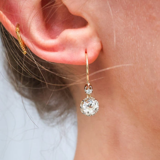 Antique Old-Cut Diamond Platinum and Gold Drop Earrings, 2.60ct, Circa 1910
