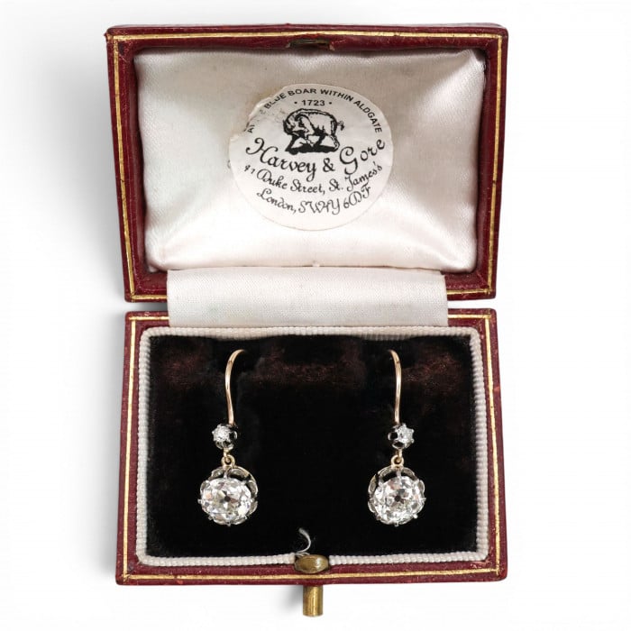 Antique Old-Cut Diamond Platinum and Gold Drop Earrings, 2.60ct, Circa 1910