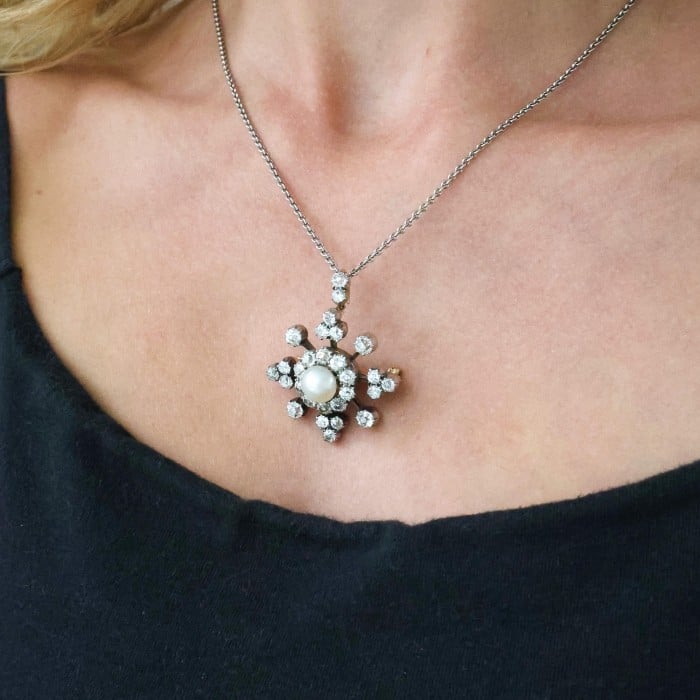 Antique Pearl Diamond and Silver Upon Gold Brooch Cum Pendant, Circa 1890