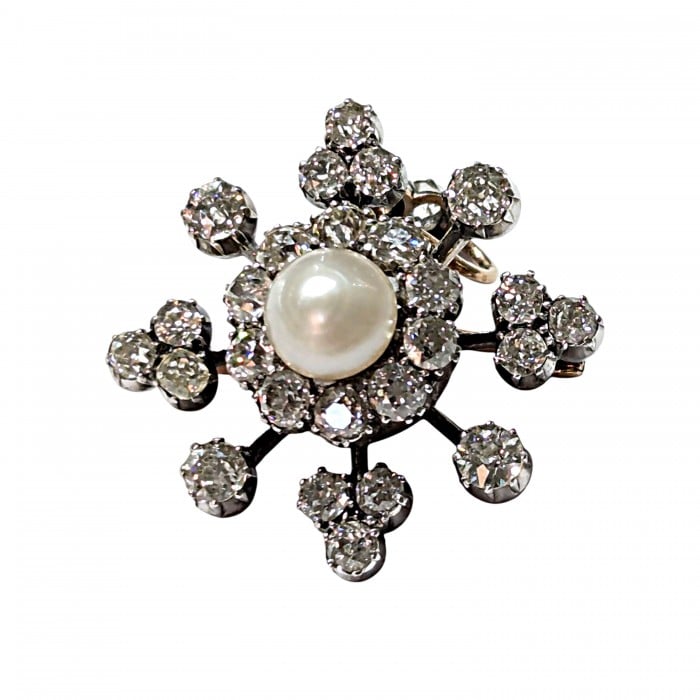 Antique Pearl Diamond and Silver Upon Gold Brooch Cum Pendant, Circa 1890