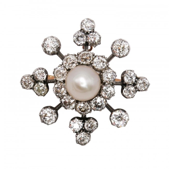 Antique Pearl Diamond and Silver Upon Gold Brooch Cum Pendant, Circa 1890