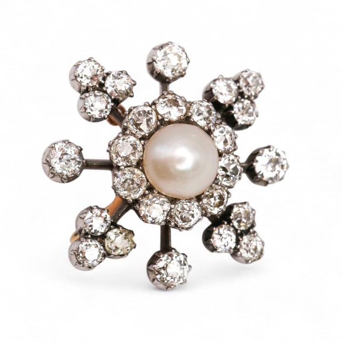 Antique Pearl Diamond and Silver Upon Gold Brooch Cum Pendant, Circa 1890