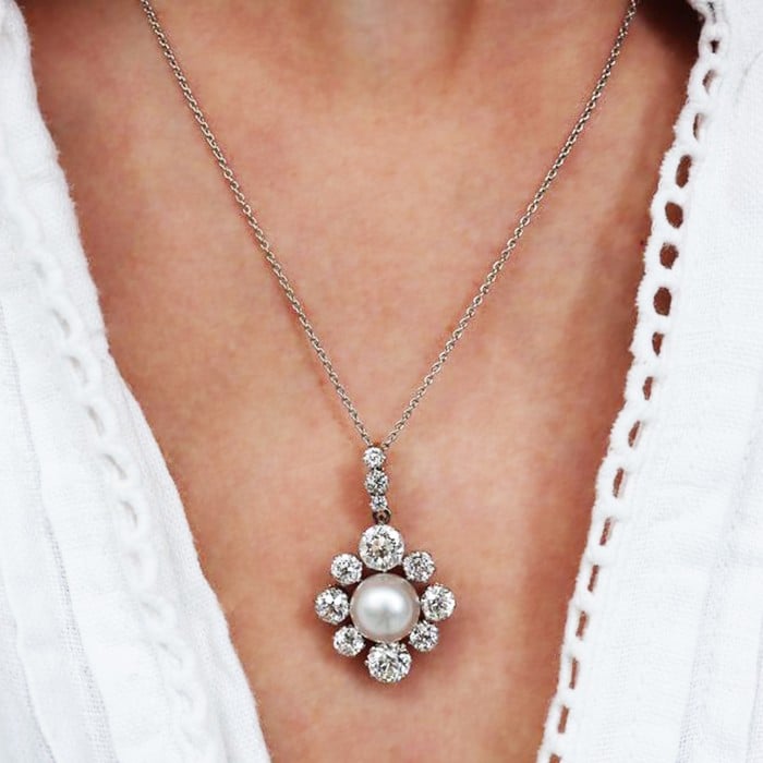 Antique Pearl Diamond Platinum and Gold Cluster Pendant, Circa 1910