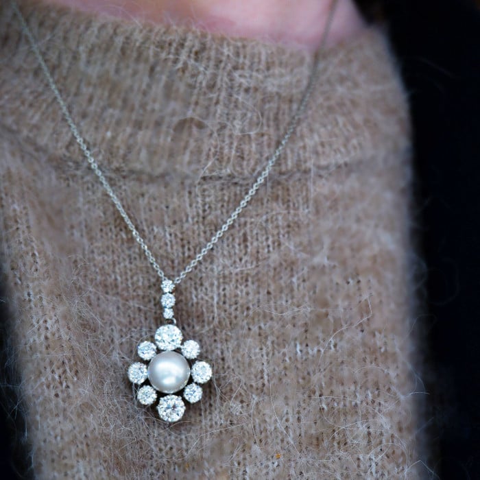 Antique Pearl Diamond Platinum and Gold Cluster Pendant, Circa 1910