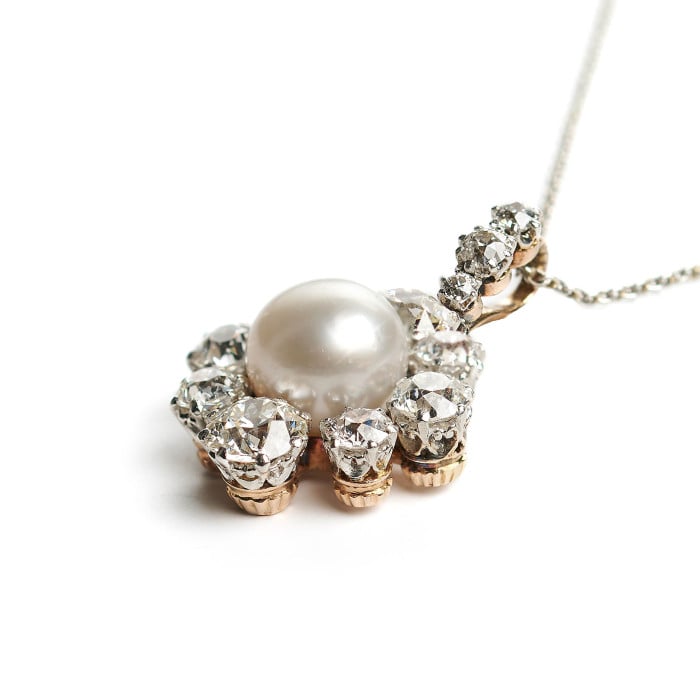 Antique Pearl Diamond Platinum and Gold Cluster Pendant, Circa 1910