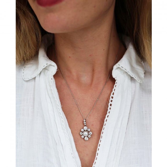 Antique Pearl Diamond Platinum and Gold Cluster Pendant, Circa 1910