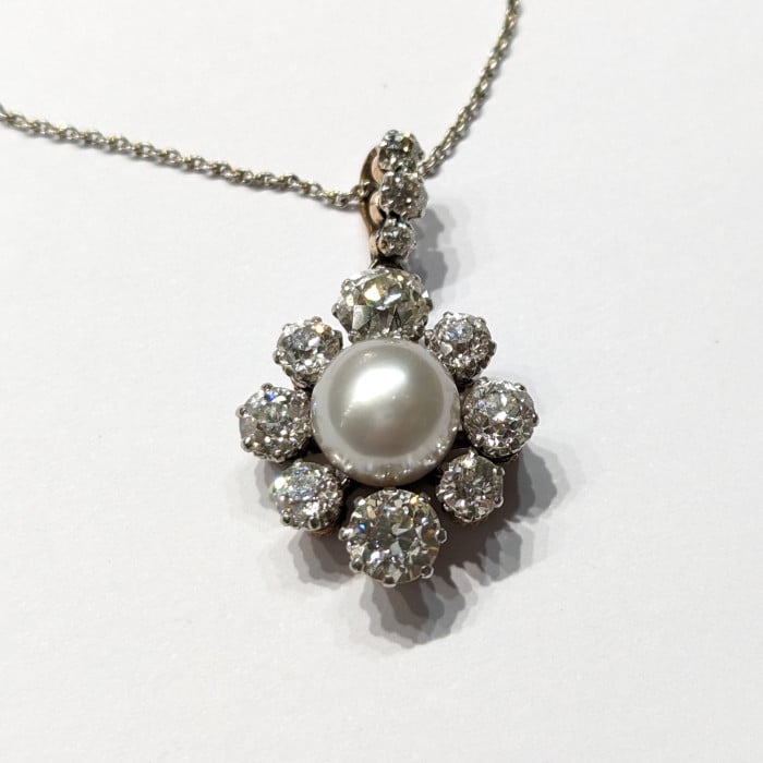 Antique Pearl Diamond Platinum and Gold Cluster Pendant, Circa 1910