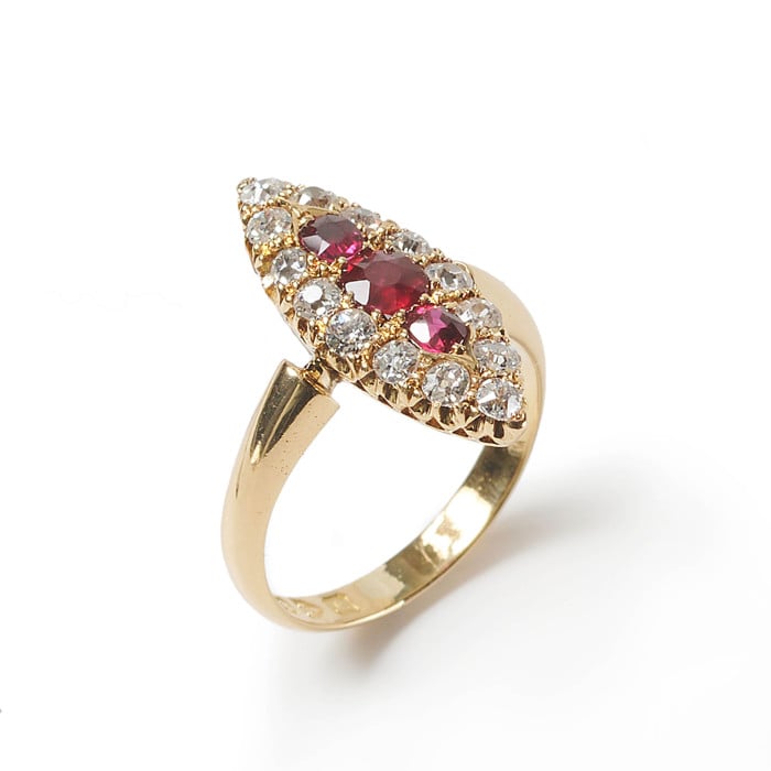 Antique Ruby Diamond and Gold Navette Shaped Cluster Ring, Chester Hallmark, 1901