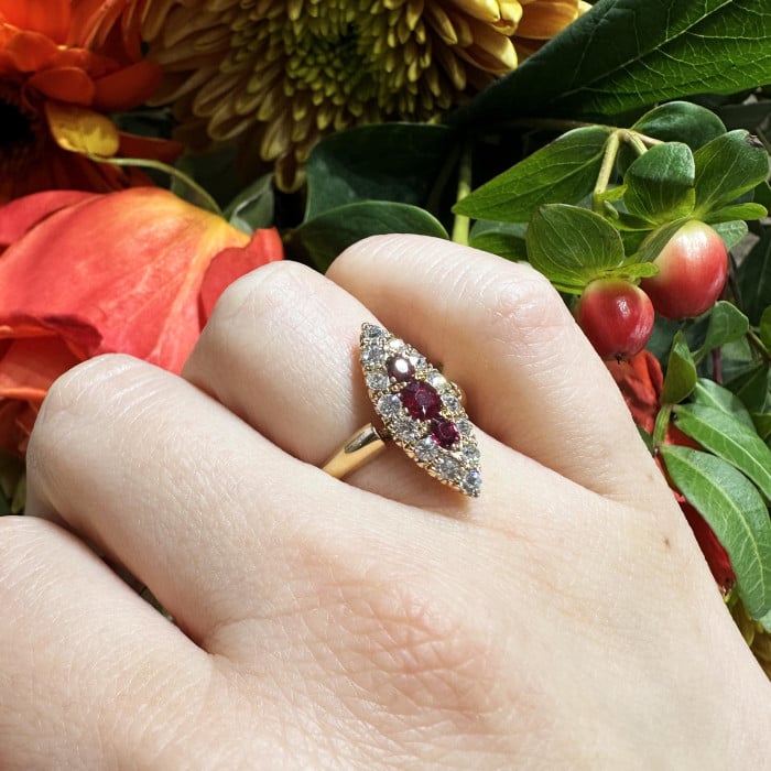 Antique Ruby Diamond and Gold Navette Shaped Cluster Ring, Chester Hallmark, 1901