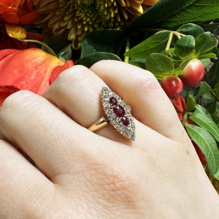 Antique Ruby Diamond and Gold Navette Shaped Cluster Ring, Chester Hallmark, 1901