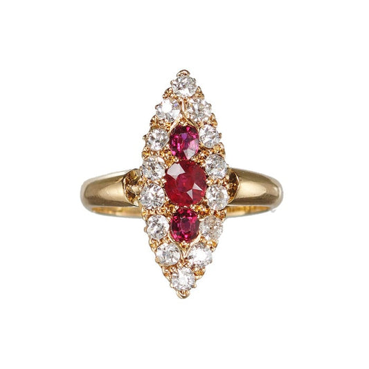 Antique Ruby Diamond and Gold Navette Shaped Cluster Ring, Chester Hallmark, 1901