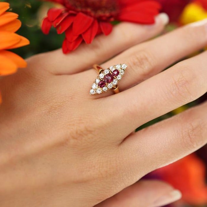 Antique Ruby Diamond and Gold Navette Shaped Cluster Ring, Chester Hallmark, 1901