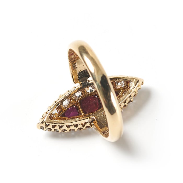 Antique Ruby Diamond and Gold Navette Shaped Cluster Ring, Chester Hallmark, 1901