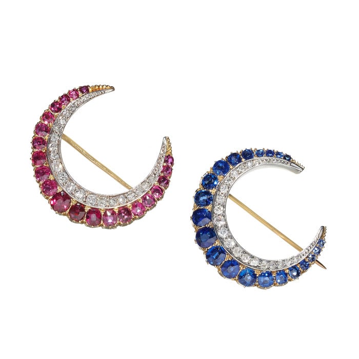 Antique Ruby Diamond Gold and Silver Crescent Brooch, Circa 1900