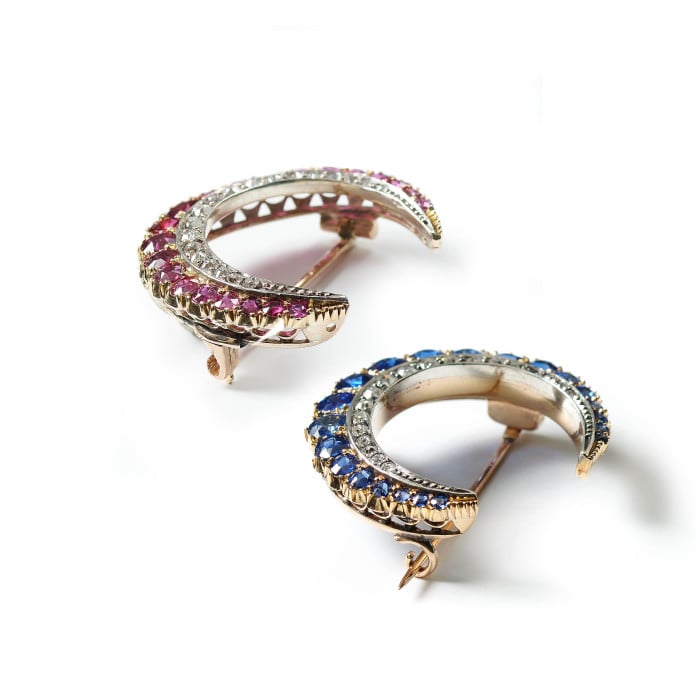 Antique Ruby Diamond Gold and Silver Crescent Brooch, Circa 1900