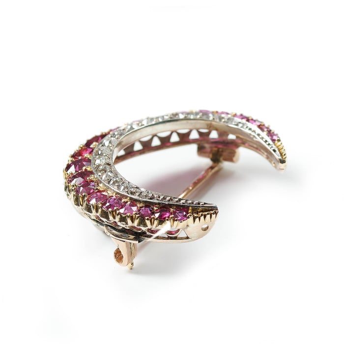 Antique Ruby Diamond Gold and Silver Crescent Brooch, Circa 1900