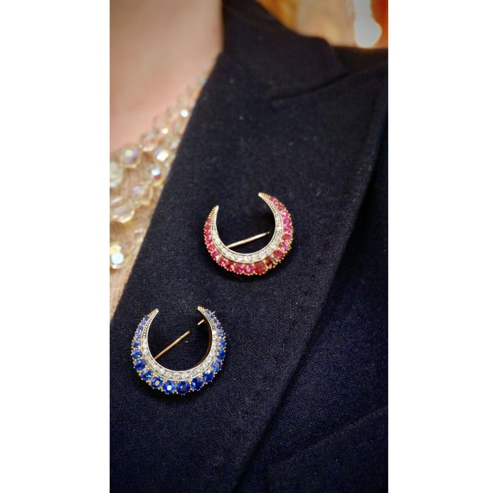 Antique Ruby Diamond Gold and Silver Crescent Brooch, Circa 1900