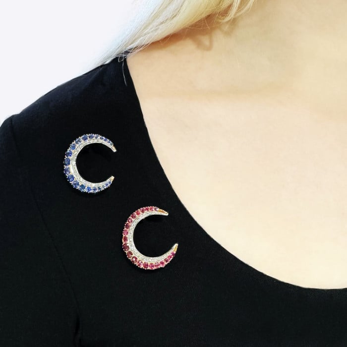Antique Ruby Diamond Gold and Silver Crescent Brooch, Circa 1900
