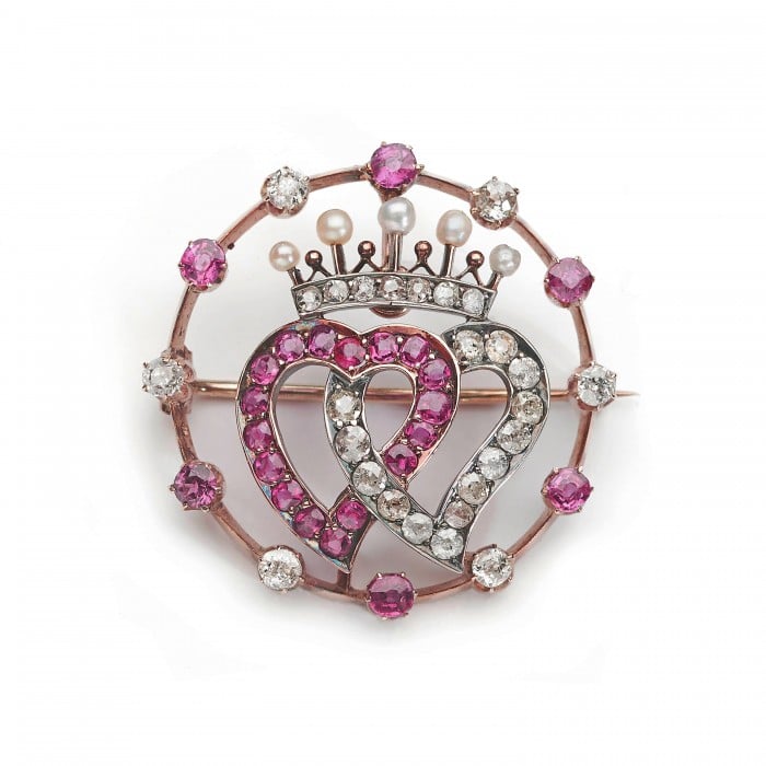 Antique Ruby Diamond Pearl Gold and Silver Luckenbooth Heart Crown and Circle Brooch, Circa 1910