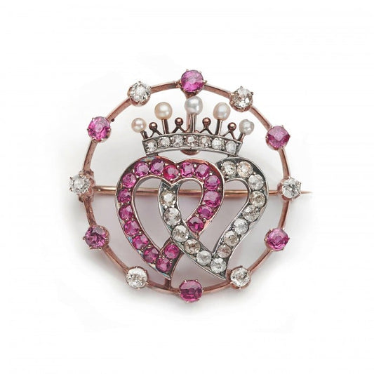 Antique Ruby Diamond Pearl Gold and Silver Luckenbooth Heart Crown and Circle Brooch, Circa 1910