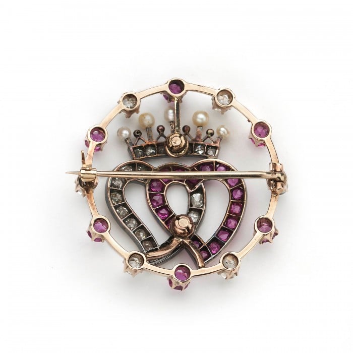 Antique Ruby Diamond Pearl Gold and Silver Luckenbooth Heart Crown and Circle Brooch, Circa 1910
