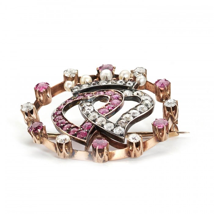Antique Ruby Diamond Pearl Gold and Silver Luckenbooth Heart Crown and Circle Brooch, Circa 1910