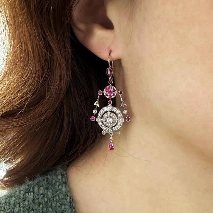 Antique Ruby Diamond Silver and Gold Drop Earrings, Circa 1880