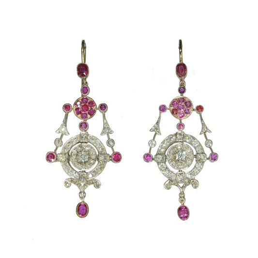 Antique Ruby Diamond Silver and Gold Drop Earrings, Circa 1880