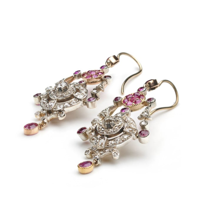 Antique Ruby Diamond Silver and Gold Drop Earrings, Circa 1880