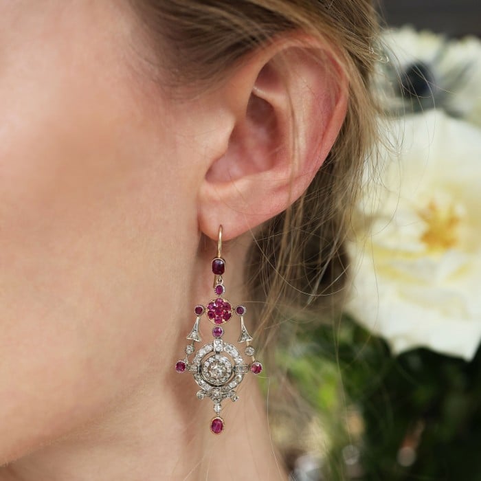 Antique Ruby Diamond Silver and Gold Drop Earrings, Circa 1880