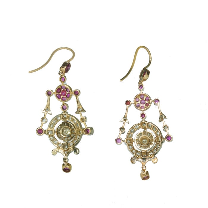 Antique Ruby Diamond Silver and Gold Drop Earrings, Circa 1880