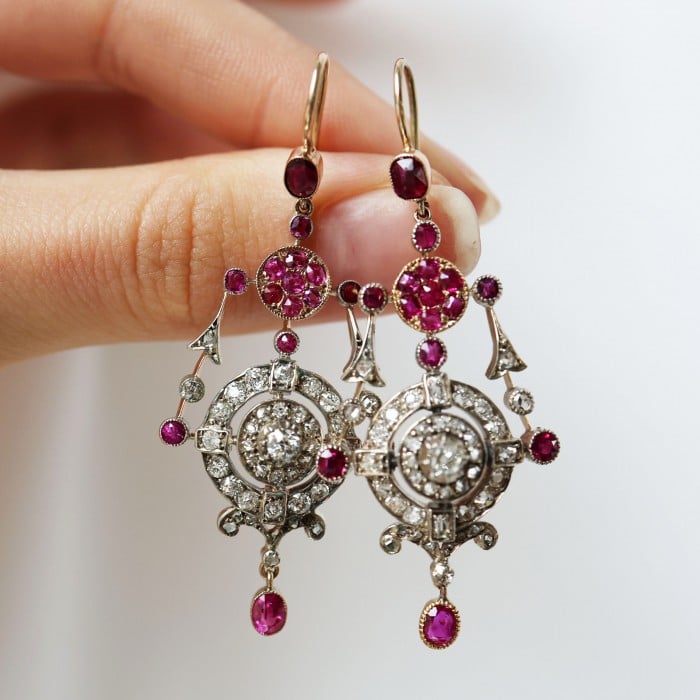 Antique Ruby Diamond Silver and Gold Drop Earrings, Circa 1880