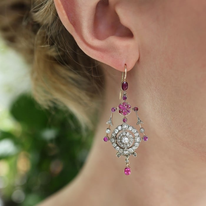 Antique Ruby Diamond Silver and Gold Drop Earrings, Circa 1880