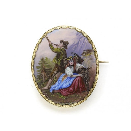 Antique Swiss Enamel and Gold Mountain Scene Brooch, Circa 1840