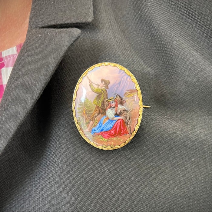 Antique Swiss Enamel and Gold Mountain Scene Brooch, Circa 1840