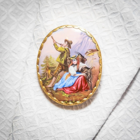 Antique Swiss Enamel and Gold Mountain Scene Brooch, Circa 1840