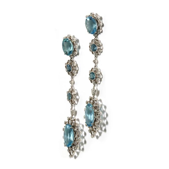 Aquamarine, Diamond and Platinum Cluster Drop Earrings