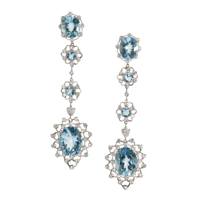 Aquamarine, Diamond and Platinum Cluster Drop Earrings