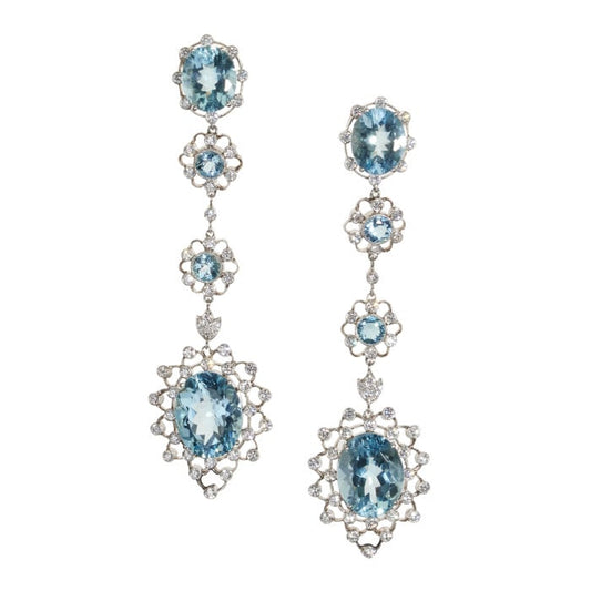 Aquamarine, Diamond and Platinum Cluster Drop Earrings