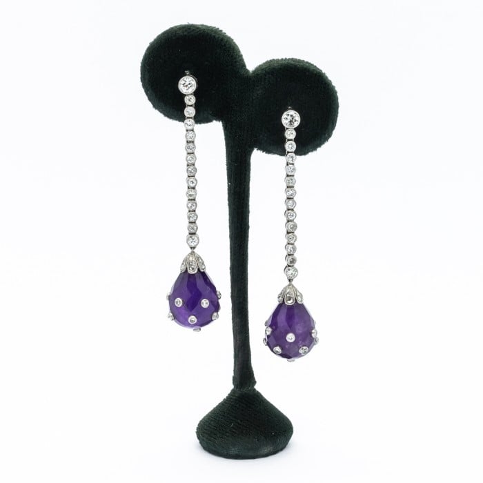 Art Deco Amethyst, Diamond and Platinum Earrings, Circa 1930