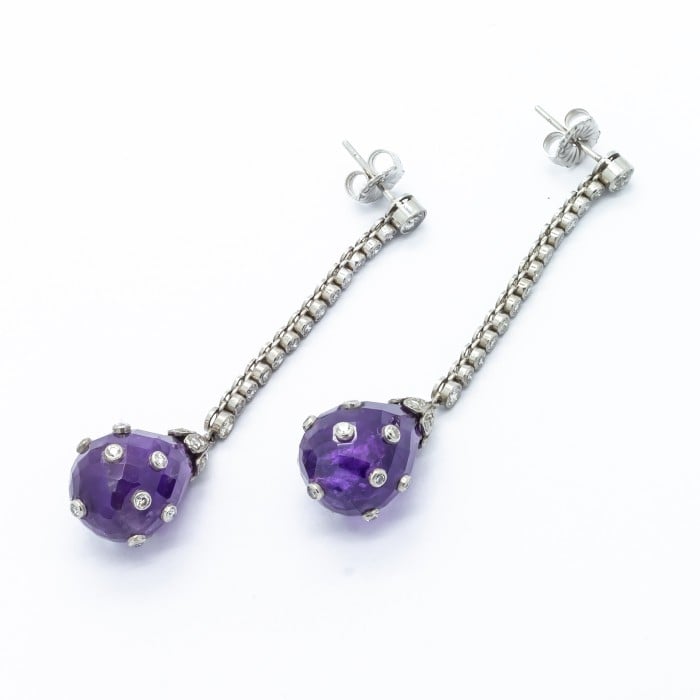 Art Deco Amethyst, Diamond and Platinum Earrings, Circa 1930