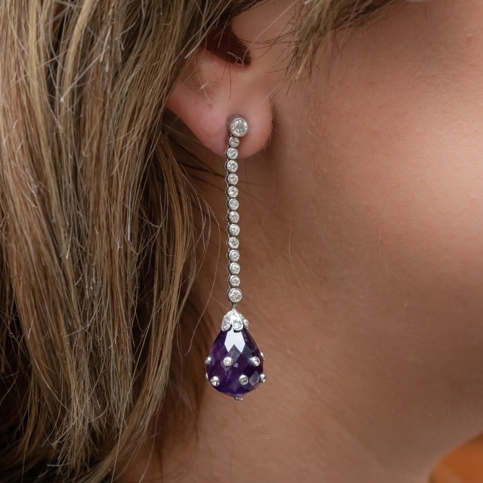 Art Deco Amethyst, Diamond and Platinum Earrings, Circa 1930