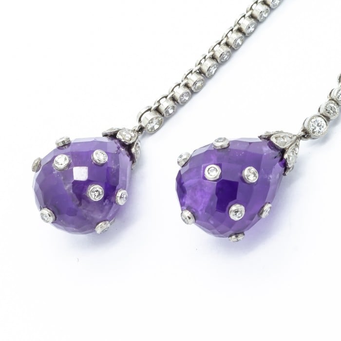 Art Deco Amethyst, Diamond and Platinum Earrings, Circa 1930