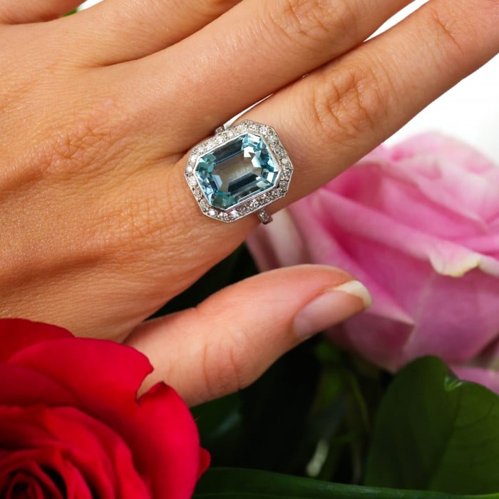 Art Deco Aquamarine, Diamond and Platinum Ring