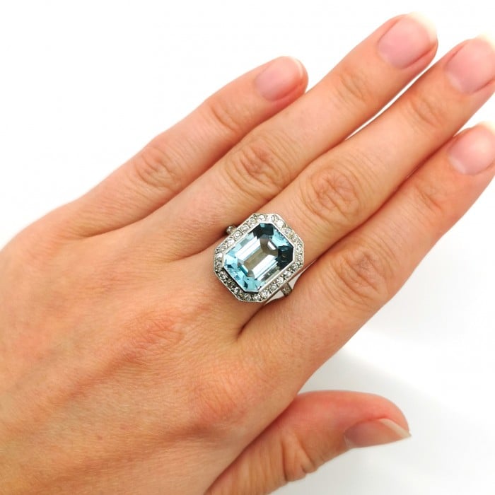 Art Deco Aquamarine, Diamond and Platinum Ring