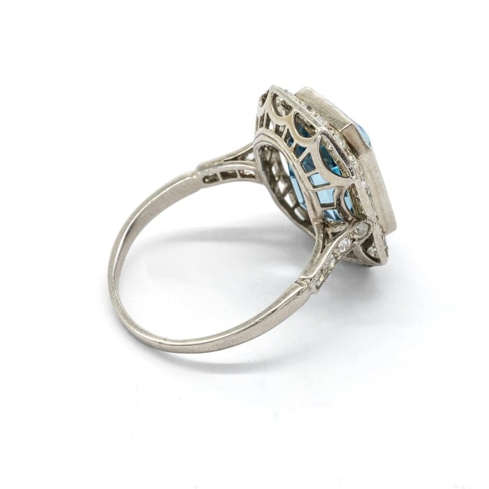 Art Deco Aquamarine, Diamond and Platinum Ring